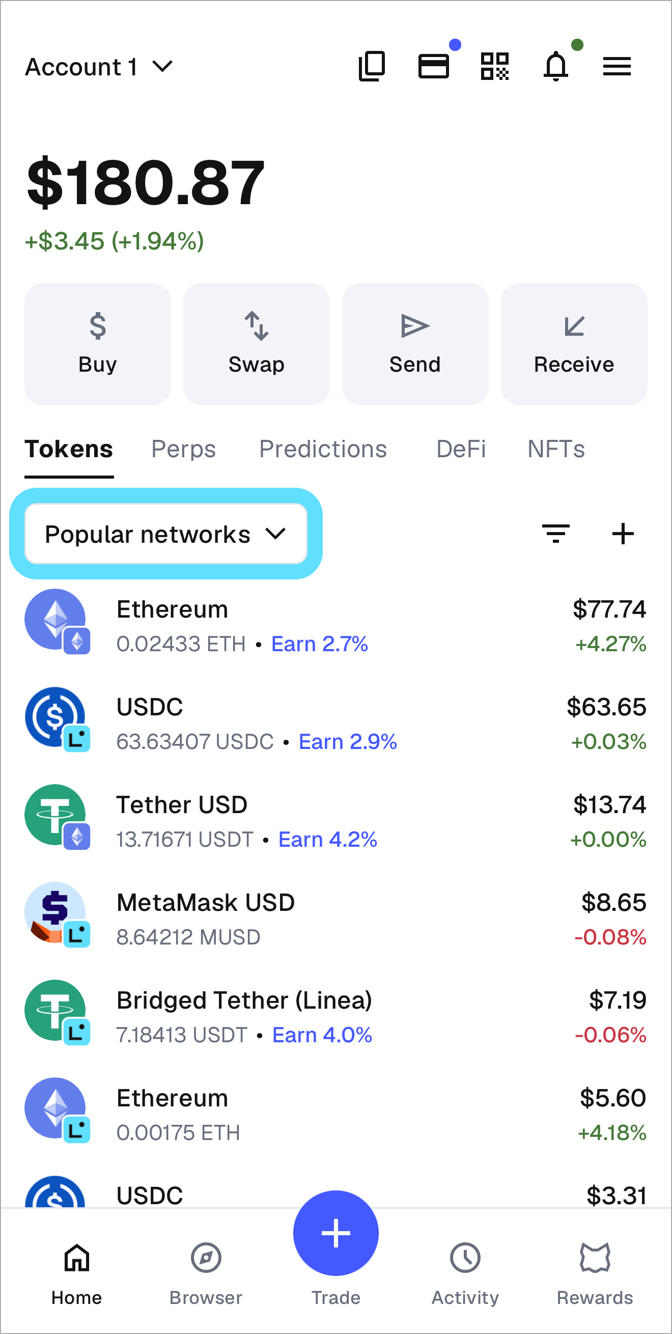 MetaMask mobile locate networks dropdown selector